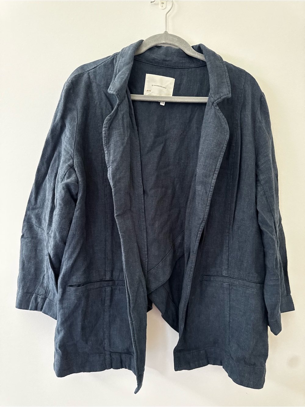 Anthropologie Blue Open Front Linen Blazer with Split Back